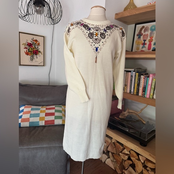 Vintage Midi Sweater Beaded Cream Dress - Picture 3 of 8